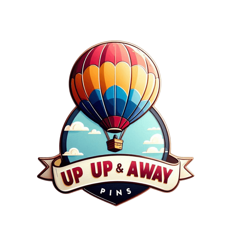 Picture of a colorful hot hair ballon with the text Up Up and Away Pins